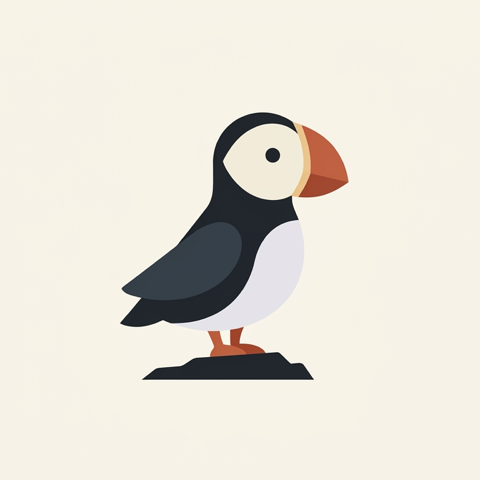 Skelly, the Skerry puffin, standing on his rock